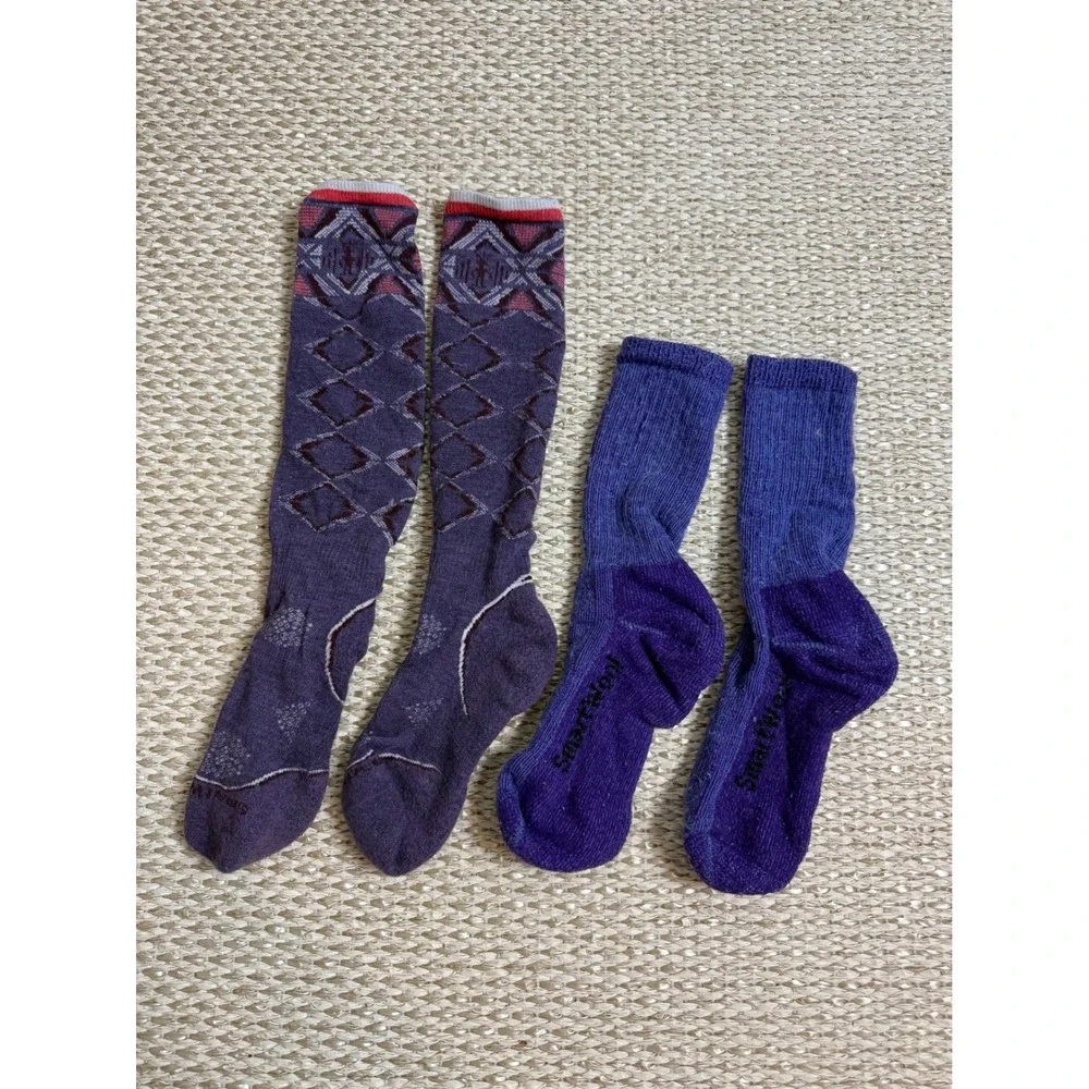 Smartwool Merino Wool Socks‎ Bundle Purple Knee High Geometric & Blue Crew ski